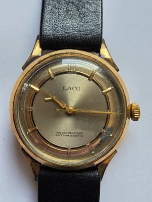 Elegante Armbanduhr  LACO Handaufzug Lederarmband Walzgold Double 20 Micron  - Bild 1 von 2