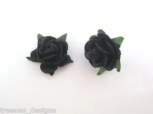 BLACK ROSE STUD SILVER PLATED 15mm Earrings Rockabilly Gothic NEW Flower SP - Picture 1 of 1