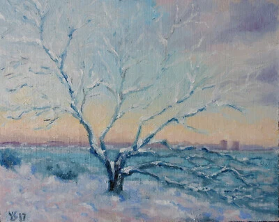 Paisaje de invierno árbol congelado original pintura al óleo tablero de lino 10x8 pintado YSArt Foto 1 de 3