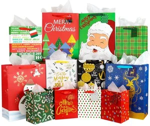 12 PCS Christmas Gift Bags Assorted Sizes with Tags Tissue Paper Tote Handles - Picture 1 of 9
