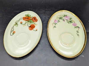 Set/2 Vintage Thomas Bavaria Oval Hand Painted Snack Trays Pink Rose Flower 9" - Picture 1 of 9
