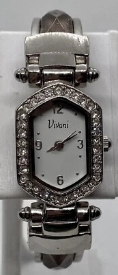 Vivani Ladies Watch New Battery Hinged Cuff Translucent Inserts Iced Silver Case - Image 1 of 4