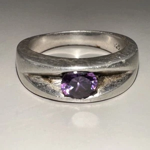 Round Amethyst Tension Set Stone Sterling Silver Ring Size 7 (4.63g) - Picture 1 of 9
