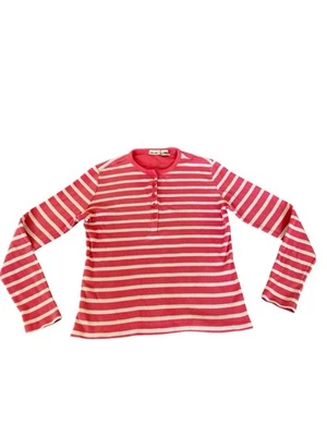 Cherokee 复古 Y2K 条纹亨利上衣长袖粉色棉质 V 领女式 S 码 — 第 1/4 张图片