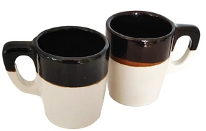 VTG Robinson USA STONEWARE HEAVY MUGS Pair 2 Brown Drip White D HandleRARE!!! - Picture 1 of 15