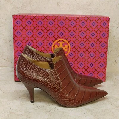 Tory Burch Croc Botín Tacones Repujado Georgina 80MM Talla 7.5 Marrón Foto 1 de 4