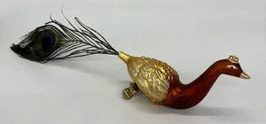 De colección Navidad Clip-On Vidrio Pavo Real Adorno Rojo Dorado con Larga Cola Pluma Azul - Imagen 1 de 9