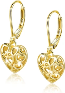 925 Sterling Silver 14K Gold French Style Leverback Earrings Heart Dangle Drop E - Picture 1 of 12