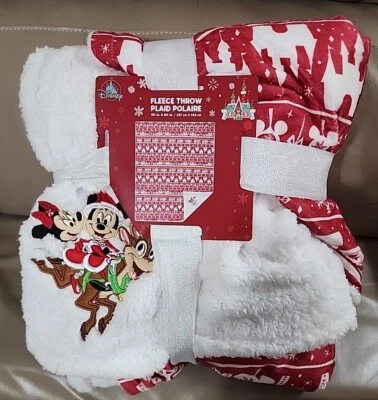 Disney Holiday Mickey & Minnie Mouse on Reindeer Fleece Throw Plaid Blanket NEW - Image 1 of 2