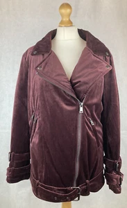 Biba Women’s Dark Purple Berry Zip Up Longline Velvet Aviator Jacket UK12 A99 - Picture 1 of 11