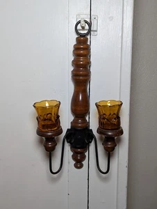 Vintage Burwood HOMCO Dual Wood And Metal Candle Holder Wall Sconce With Cups - Picture 1 of 7