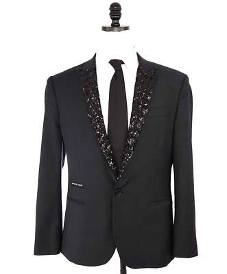 $3,080 Philip Plein Black 1-Btn SEQUIN Peak Lapel Blazer Dinner Jacket 44 - Изображение 1 из 4