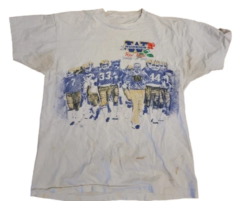 VTG Washington Huskies XL T Shirt 1991 Rose Bowl RARE All Over Print  Don James Cover