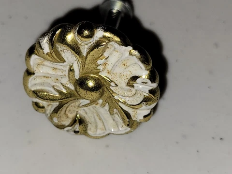 Vintage Gold White Round Drawer Knob Pulls Floral Pinwheel French Provincial NOS Cover