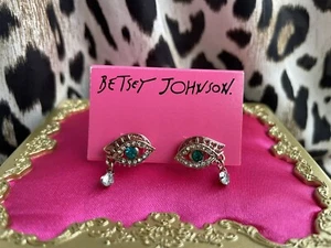 Betsey Johnson Vintage Glitter Critters Blue Eye Rose Gold Tear Crying Earrings - Picture 1 of 2