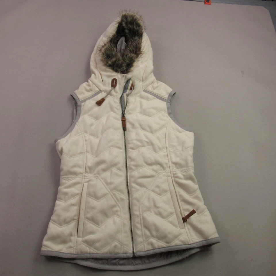 Chaleco Prana Mujer Pequeño Con Capucha Marfil Sin Mangas Cremallera Completa Bolsillos Exterior Foto 1 de 4