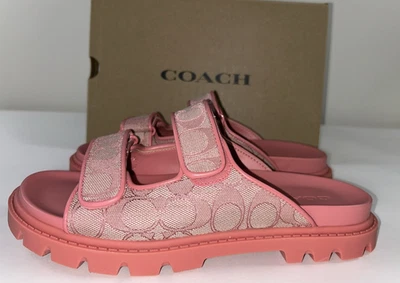 NEW COACH Size 8.5 Women's Sandal Slide Pink SIG C Jacquard Two Band Sport $240 - Image 1 of 4