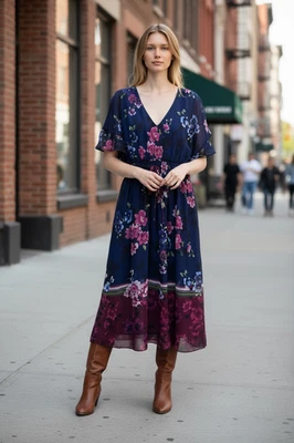Floral Chiffon Western Boho Cottagecore Whimsy Elastic Waist Midi Dress 8 Navy - Image 1 of 4