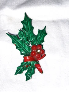 Spilla NATALE vintage spilla HOLLY e BACCHE verde metallo pesante smaltato - Foto 1 di 10