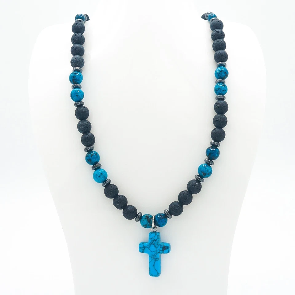 Men's Natural Lava Rock Gemstone 20" Necklace - Dyed Turquoise Cross - Image 1 of 1