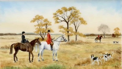 Pintura Acuarela Original Firmada Zorro Escena de Caza, Montar en Silla Lateral Foto 1 de 4