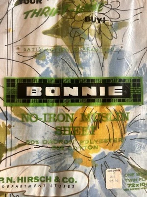 NOS Bonnie Twin Flat Bed Sheet No Iron Muslin Mod Floral Blue Gold Avocado VTG - Image 1 of 4
