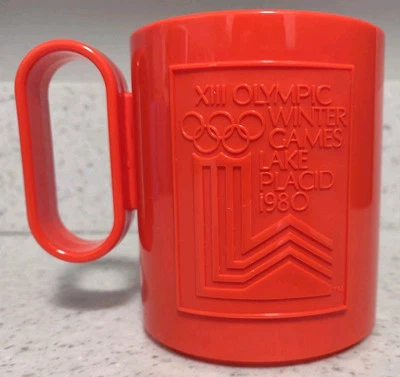 Vintage 1980's Winter Olympics Lake Placid Commemorative Plastic Mug Cup Red - Image 1 of 4