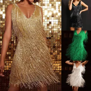Damen Glitzer Fransen Quasten Minikleid Cocktails Abend Party Bodycon Ballkleid\ - Bild 1 von 23