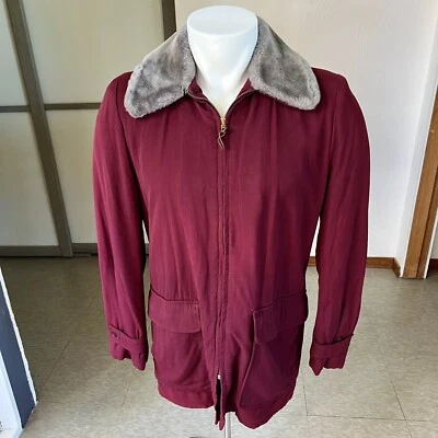 1940s vintage burgundy gabardine coat jacket with gray fleece collar 38R - Image 1 of 4