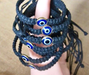EVIL EYE BRACELET BLACK CORD HEMP FRIENDSHIP WRISTBAND PROTECTION Mens Womens - Picture 1 of 3