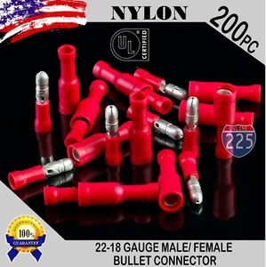 NYLON 200PCS 22-18 AWG Red Male/Female Bullet Connector Insulated Vinyl .156" UL - Picture 1 of 1