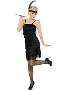 Ladies 1920s Fringe Flapper Costume Black Roaring 20s Great Gatsby Fancy Dress - Picture 1 of 1