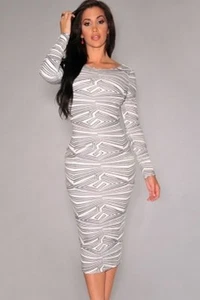 Sexy Women Clubwear Fashion White or Black Geometric Print Cut-Out Midi Dresses - Picture 1 of 5