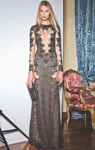 BLUMARINE Brown Lace Embroidered Sheer Tulle Embellished Dress Gown 42 6