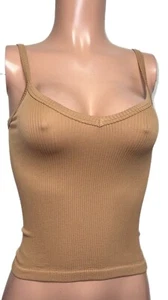 Beige Sun Tan V-neck Ribbed Seamless Fitted Basic Cami Top Y2K Casual Style Nwts - Picture 1 of 4