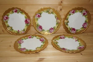 L&S Limoges Gold with Pink Roses (5) Dessert, Pie or Salad Plates, 7" (G71) - Picture 1 of 13