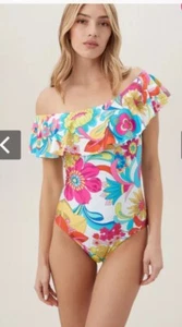 Trina Turk Fontaine Pop Art Ruffle Off The Shoulder One Piece Swimsuit 12 New - Picture 1 of 2
