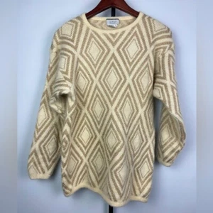 Bullock’s Town & Travel Cream Golden Metallic Diamond Knit Sweater Size L - Picture 1 of 5