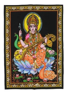 Indian Hindu Goddess Saraswati Sequinned Wall Hanging 37.5 x 53 cm - Picture 1 of 5