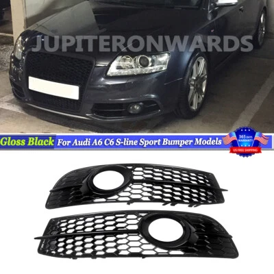 For 2008-2012 Audi A6 C6 S-Line Gloss Black Fog Light Lamp Grille Honeycomb Mesh Foto 1 de 4