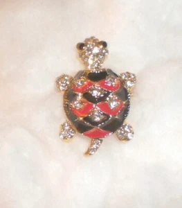 New Goldtone Red & Black Enamel & Crystals Turtle Pin Brooch Unusually Adorable - Picture 1 of 4