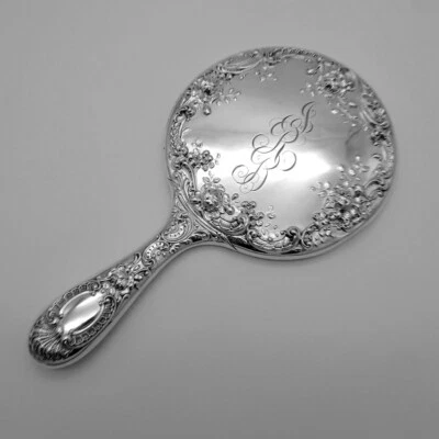 Espejo de mano Rose Scroll Gorham plata esterlina mono JRB Foto 1 de 4