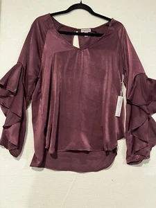 Deep Plum Purple Asymmetrical Dramatic Flare Sleeve Satin Blouse Medium NWT - Picture 1 of 11