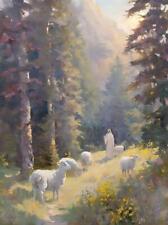 Jesus Christ Shepherd Leading Sheep Lamb Meadow Forest Flowers Sun Poster Print