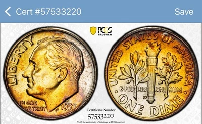 1957-D PCGS Roosevelt Silver Dime MS67FB Full Bands Nice Fireball Toning - Image 1 of 4