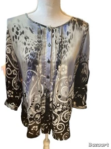 Peter Nygard Blouse Size 12 Button Up 3/4 Sleeve Pleat neckline Multicolor - Picture 1 of 4