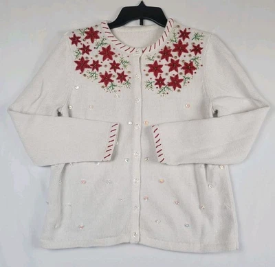 Cardigã suéter vintage Mercer Street tamanho médio bordado lantejoulas poinsétia - Imagem 1 de 4