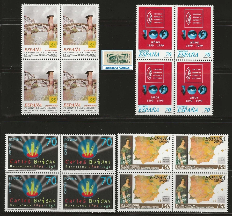 ESPAÑA 1999. EDIFIL 3651/3654. SERIE COMPLETA EN BLOQUE DE 4 ”CENTENARIOS”. MNH - Imagen 1 de 1