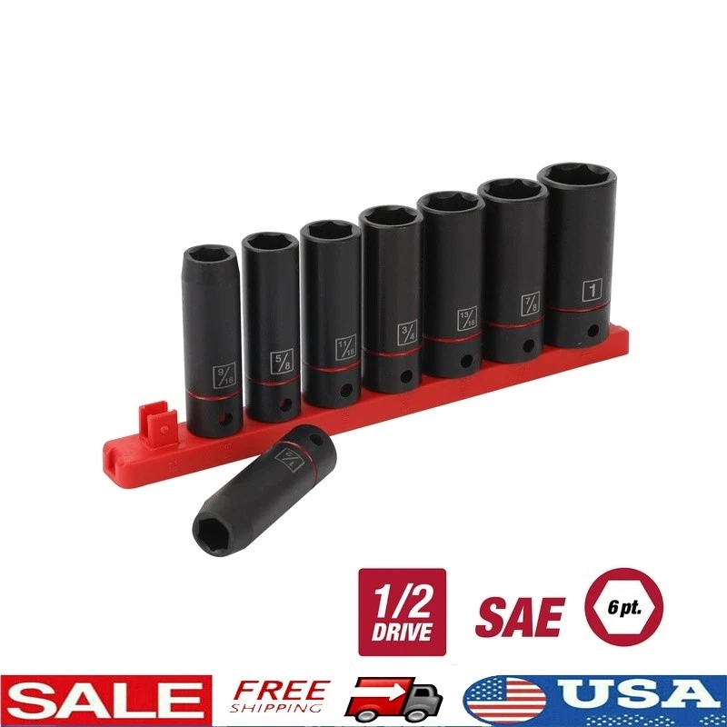 9-Piece 1/2-Inch Drive Deep Socket Set Cr-V Steel Color Coded Sockets W/ Rail US - Image 1 of 4