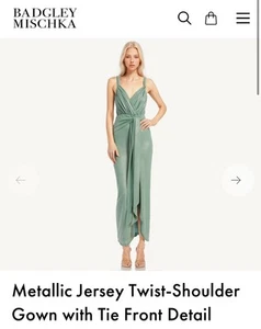Badgley Mischka Seafoam Metallic Jersey Twist-Shoulder Gown, Size 4 - Picture 1 of 6